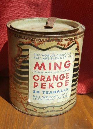 Vintage Ming Oriental Tea Tin Orange Pekoe Rare Tin Metal Collectible Tin Drink