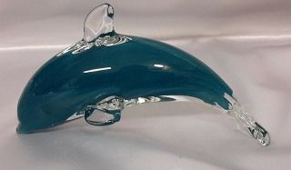 Dolphine Figurine Paper Weight Decoration Swirl Blue Teal & Clear Glass 6