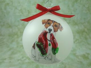 D040 Hand - Made Christmas Ornament Dog - Jack Russell Terrier - Sitting Santa Hat