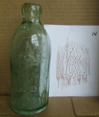 Vintage Aqua Blob Top Bottle - Embossed With Letter " K " (14)