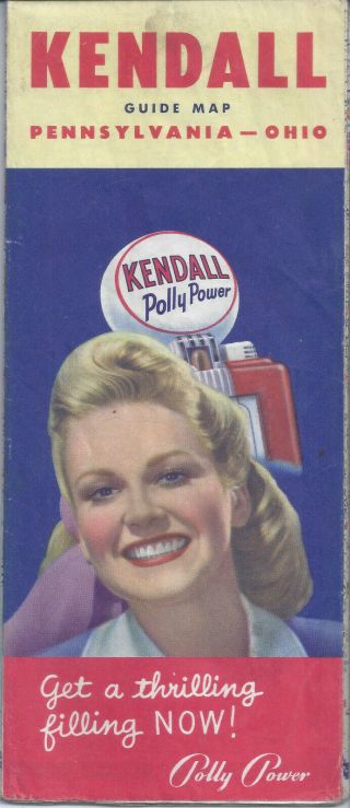 1940s Kendall Oil Polly Power Pennsylvania Ohio Road Map