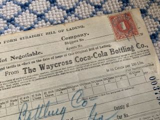 Early 1915 Waycross,  Ga Coca - Cola Bottling Company Bill Of Lading W/ Tax Stamp