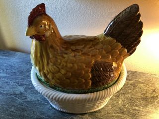 Vintage Hand Painted Ceramic Hen On A Nest -