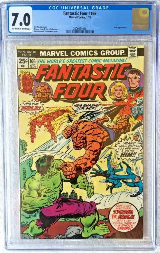 Cgc 7.  0 Fantastic Four 166.  George Perez Art.  Hulk Vs Thing.  1976.