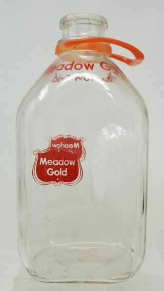 Vintage 1/2 Gallon Meadow Gold Milk Bottle Jug Red Logo And Handle Mz - 1410