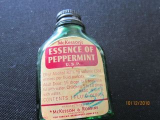 3 " Green Glass Bottle Vintage Mckesson Essence Of Peppermint Antique
