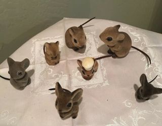 Josef Originals Fuzzy 7pc Figurine Set Flocked Striped Set Of Mice & Babies -