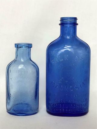 2 Antique Cobalt Blue Glass Phillips Milk Of Magnesia Bottles