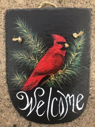 Cardinal Bird Hand Painted Welcome Roofing 8 " X 11 " Slate On Pine Tree Black