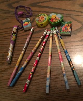 Disney Princess & Winnie The Pooh Pencils Sharpeners Erasers & Blue Ink Pen