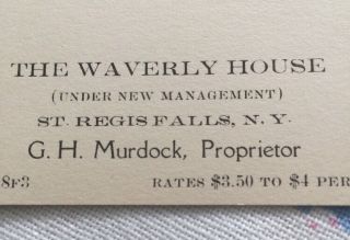 Antique Business Card The Waverly House G.  H.  Murdock St.  Regis Falls Ny