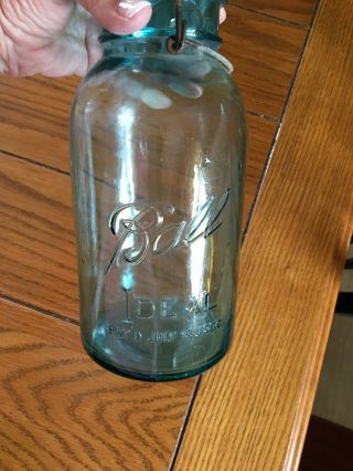 Vintage Ball Mason jar aqua blue Half gallon Fruit with wire bail and cap 1920 ' s 2