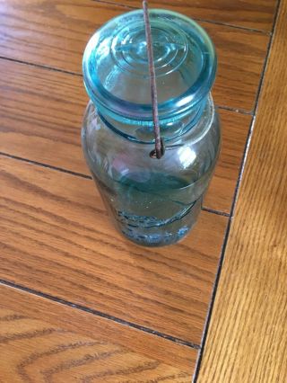 Vintage Ball Mason jar aqua blue Half gallon Fruit with wire bail and cap 1920 ' s 4
