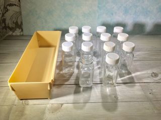 14 Vintage Small Glass Bottles With Lids In Tray