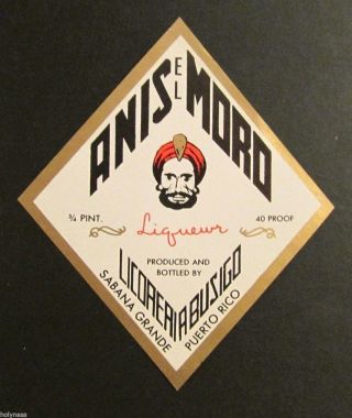 Vintage 3/4 Pt Liquor Bottle Label / Anis El Moro / Sabana Grande Puerto Rico