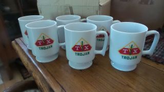 Set Of 6 Advertising Trojan Tx Coffee Mug Cups,  White Pedestal Base,  Seed,  Corn