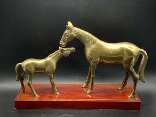 Vintage Brass Mare And Foal Horse Art On Wood Base -