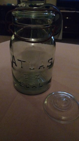 Vintage Atlas E - Z Seal Aqua Blue Glass Wire Bail Quart Canning Jar