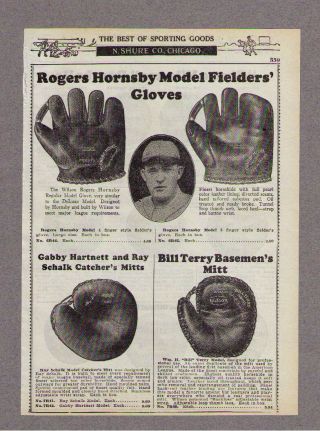 1933 Ad Baseball Gloves,  Roger Hornsby,  Gabby Hartnett,  Ray Schalk,  Bill Terry