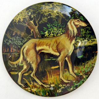 Central Asian Wolfhound Saluki Borzoi Hand Painted Lacquer Brooch Pin 013