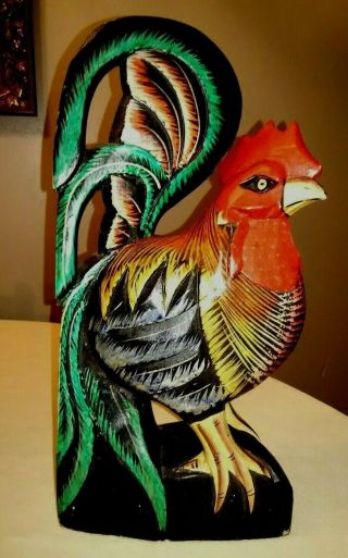Folk Art Rooster Wood Carved Statue Figure Hand Painted 13 3/4 Inches