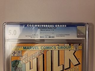 , GRADER NOTES PIC Incredible Hulk 181 CGC 5.  0 ow/w 1st Wolverine 3