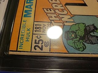 , GRADER NOTES PIC Incredible Hulk 181 CGC 5.  0 ow/w 1st Wolverine 7