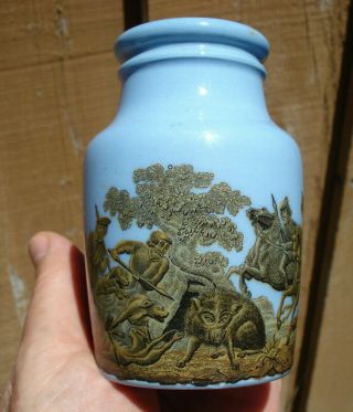 Antique,  Late 19h Century Prattware (staffordshire) " Boar Hunt " Paste Jar