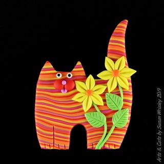 Standing Red Orange Yellow Kitty Cat & Yellow Flowers Pin - Swris