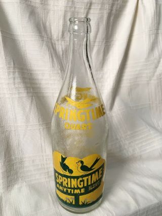 Vintage 32oz Springtime Beverages Glass Soda Bottle Sheboygan Wisconsin Bird