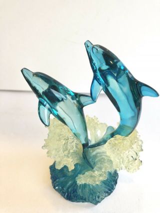 Blue Acrylic Hard Plastic Dolphins And Waves Sculpture B6