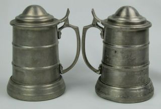 Two Vintage Lidded Aluminum Beer Stein With Glass Bottom