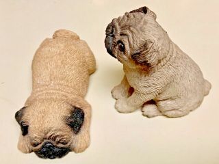 2 Mini Molded Pug Dog Sleeping And Sitting Statues