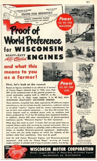 1953 Small Print Ad Of Wisconsin Motor Corp Heavy - Duty Air - Cooled Farm Engine