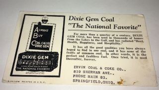 Rare Antique American Dixie Gem Coal Advertising " Way Down South " Ink Blotter