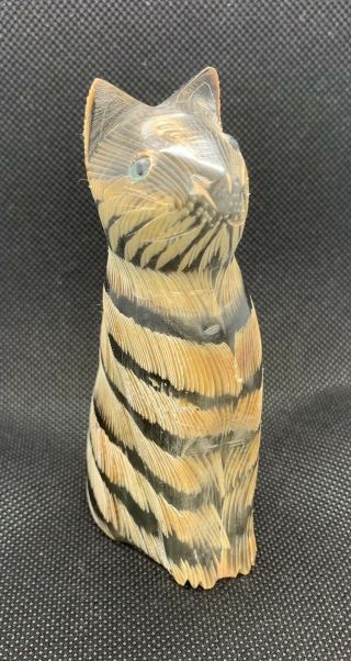 Striped Cat Art Sculpture Figurine Hand Carved Buffalo Horn 4”