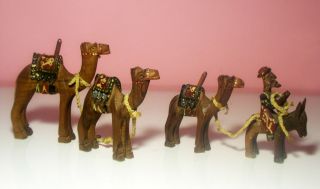 Vintage Carved Wooden Caravan Of 3 Camels & Donkey Nicely Decorated From Israel