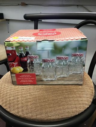 Set Of 4 Coca Cola Coke Mason Jar Glass Mugs With Lids & Straws