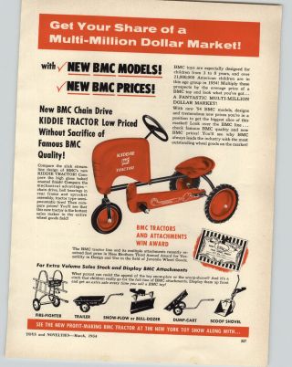 1954 Paper Ad 2 Sided Bmc Pedal Car Farm Tractor Road King Coaster Wagon