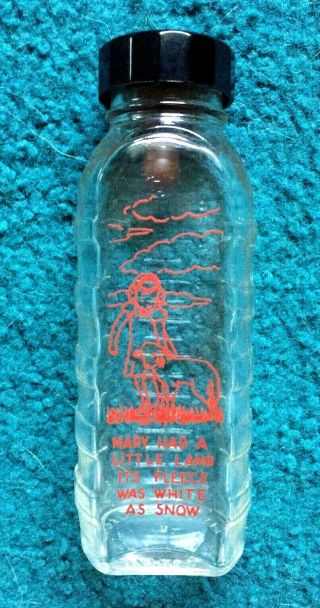 Vtg Glass Baby Bottle 8oz Rubber Nipplecap Red Mary Had A Little Lamb