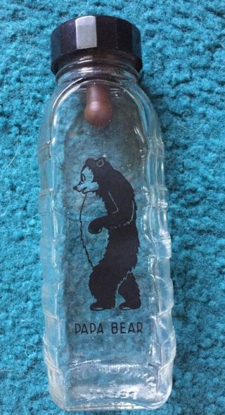 Vtg Glass Baby Bottle 8 Oz.  Rubber Nipple & Cap Black Papa Bear
