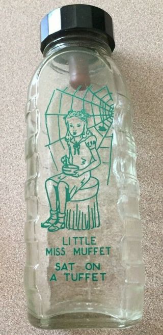 Vtg Glass Baby Bottle 8 Oz Rubber Nipple & Cap Green Little Miss Muffet