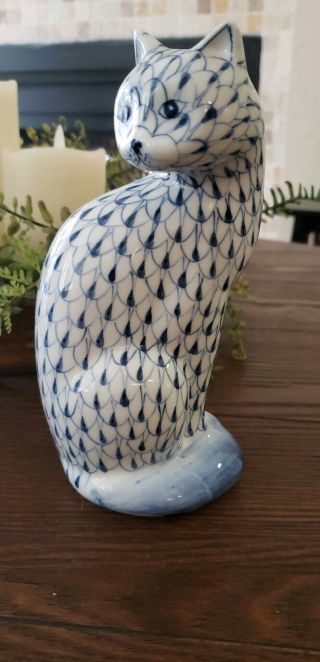 Vintage Cat Figurine Blue & White Ceramic Porcelain Andrea By Sadek Hand Painted