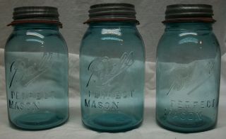 3 Vintage Blue Ball Perfect Mason Quart Jars W/ Zinc Lids & Rubbers - Misprints