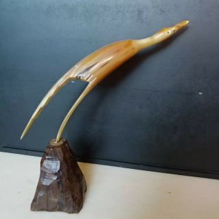 Vintage Carved Horn Bird Sculpture Wood Signed Crane Heron Egret Folk Art 12 "