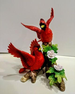 Porcelain Bird Figurine 2 Red Cardinals W/ Flowers 9,  ",  No Brand.  Vtg