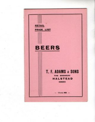 T F Adams & Sons Halstead Brewery 1940s Retail Price List