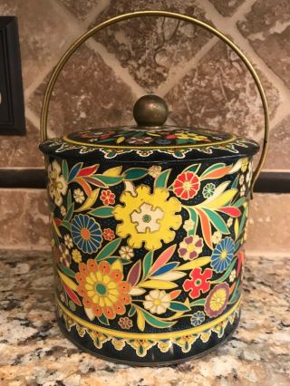 Vintage Daher Large Biscuit Cookie Tin Canister Handle England Flowers