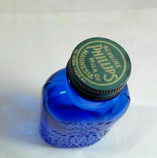 Vintage Advertising Phillips Milk Of Magnesia Embossed Blue Glass Bottle 2