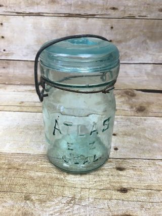 Vintage Atlas E Z Seal Blue Green Pint Jar W/ Wire Bail Closure And Glass Lid